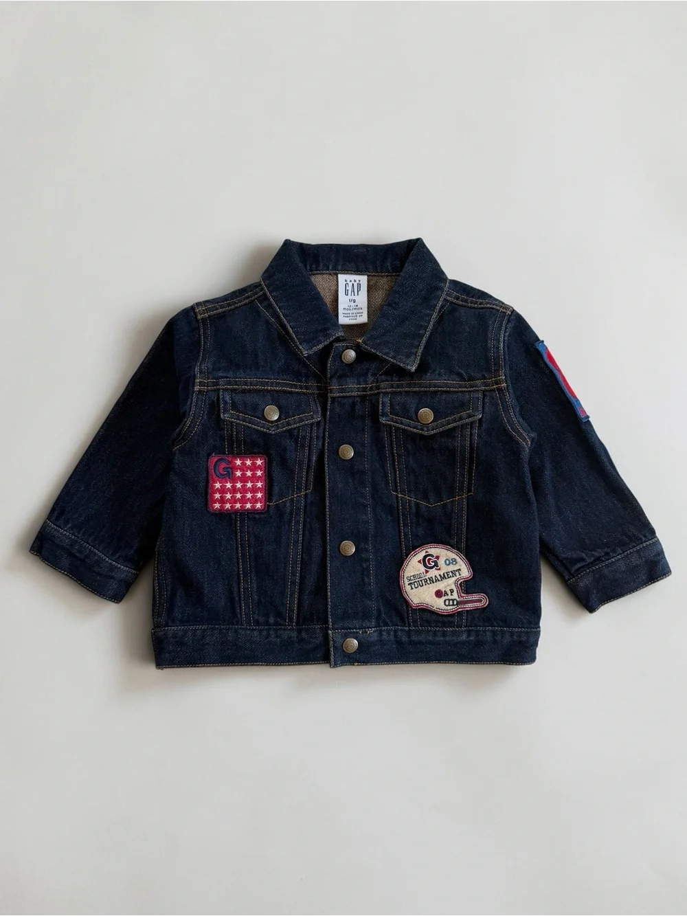 VINTAGE GAP EUC Dark Wash Denim Sports Soccer Football Patch Denim Jacket